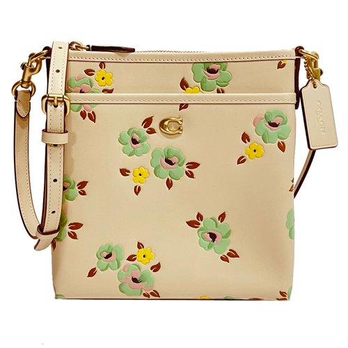 【全新】COACH 專櫃款字母C LOGO花卉印花小斜背包(花卉/粉膚)-0