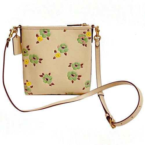 【全新】COACH 專櫃款字母C LOGO花卉印花小斜背包(花卉/粉膚)-2