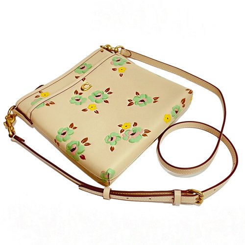 【全新】COACH 專櫃款字母C LOGO花卉印花小斜背包(花卉/粉膚)-3
