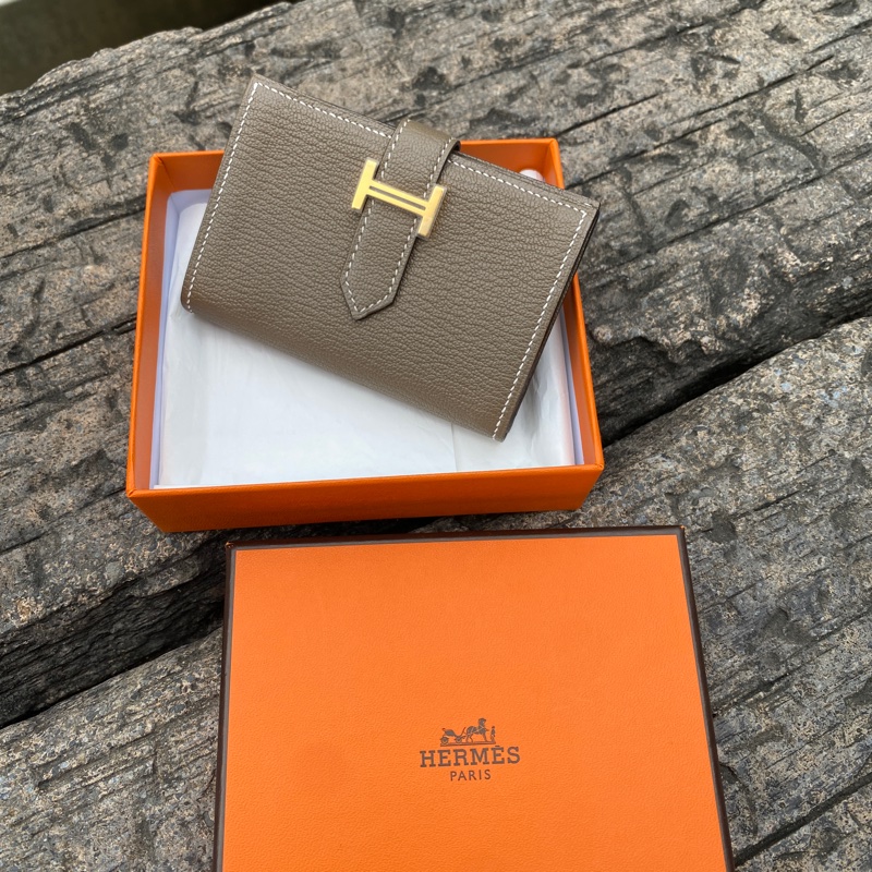 全新HERMÈS大象灰Bearn mini H金釦頭山羊皮Mysore短夾卡包零錢包-0