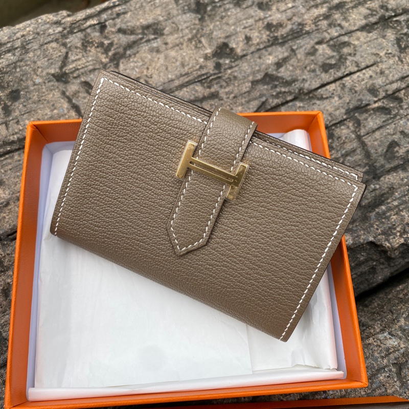 全新HERMÈS大象灰Bearn mini H金釦頭山羊皮Mysore短夾卡包零錢包-1