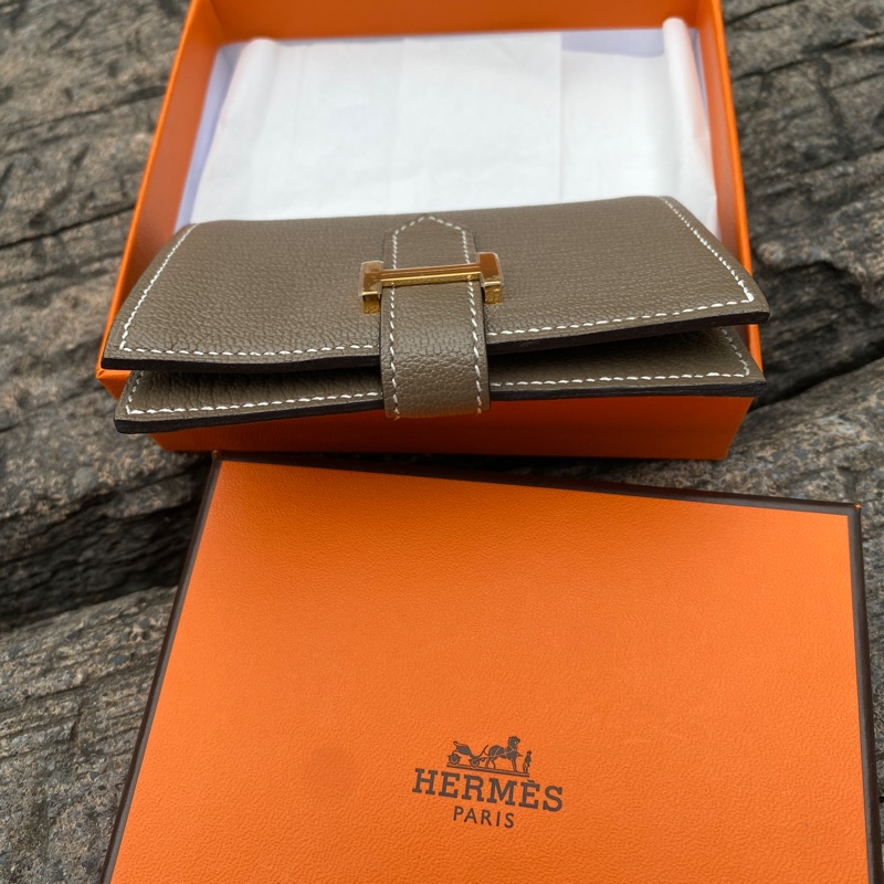 全新HERMÈS大象灰Bearn mini H金釦頭山羊皮Mysore短夾卡包零錢包-3