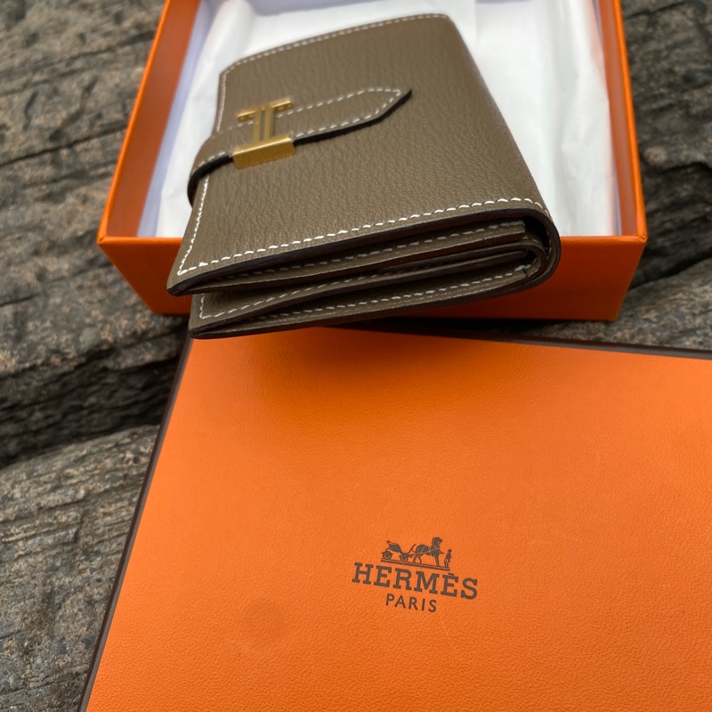 全新HERMÈS大象灰Bearn mini H金釦頭山羊皮Mysore短夾卡包零錢包-4