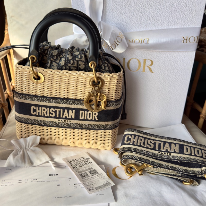 99新 中號Lady Dior Wicker Bag 藤編包黛妃包 台北101 Dior專櫃購入 全配附發票購證正本-8