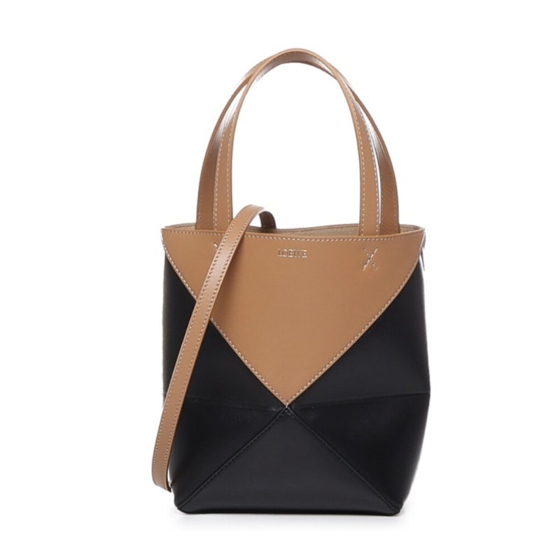 【LOEWE 羅威】Mini Puzzle Fold Tote 迷你 亮面小牛皮 折疊 托特包 肩背包 拼色 暖沙色 黑色-0