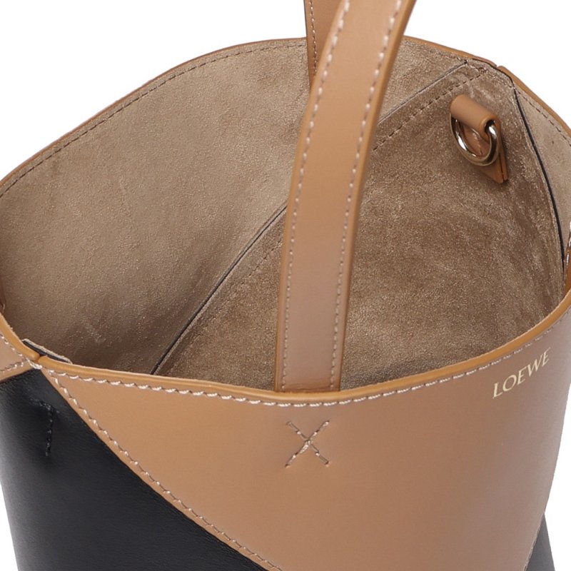 【LOEWE 羅威】Mini Puzzle Fold Tote 迷你 亮面小牛皮 折疊 托特包 肩背包 拼色 暖沙色 黑色-2