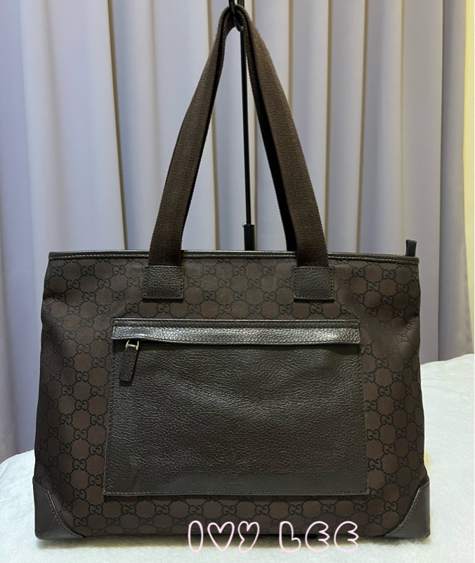 Gucci 男女適用 稀有款 手提包 托特包 180449 尼龍帆布x真皮 深棕色 二手精品-0