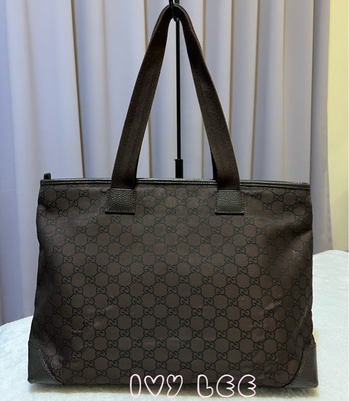 Gucci 男女適用 稀有款 手提包 托特包 180449 尼龍帆布x真皮 深棕色 二手精品-1