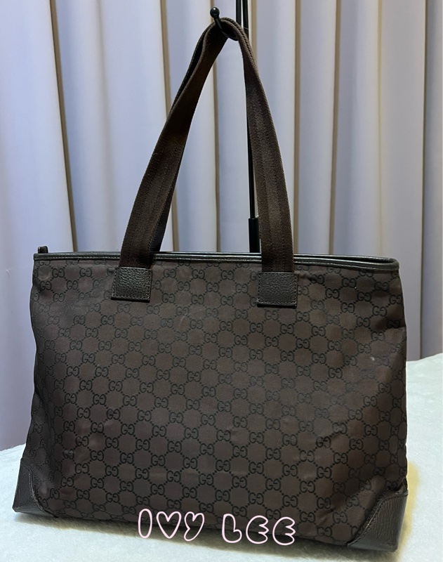 Gucci 男女適用 稀有款 手提包 托特包 180449 尼龍帆布x真皮 深棕色 二手精品-23