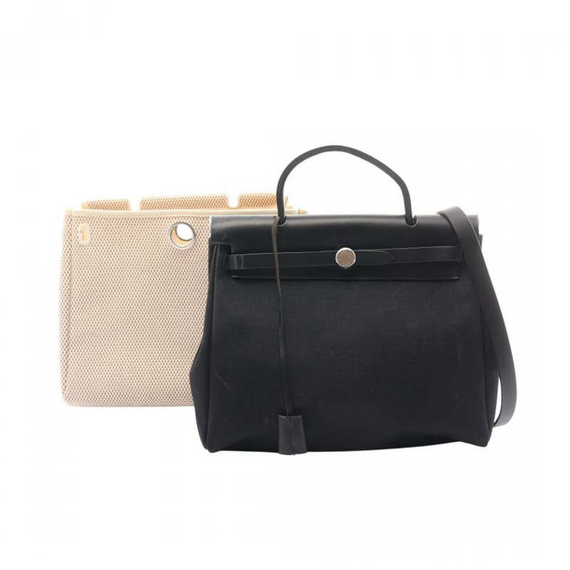 【日本直送】 Hermes Hermès Herbag PM  手提包 Toile GM  真皮 黑色 銀色五金 兩用款 □G刻印-0