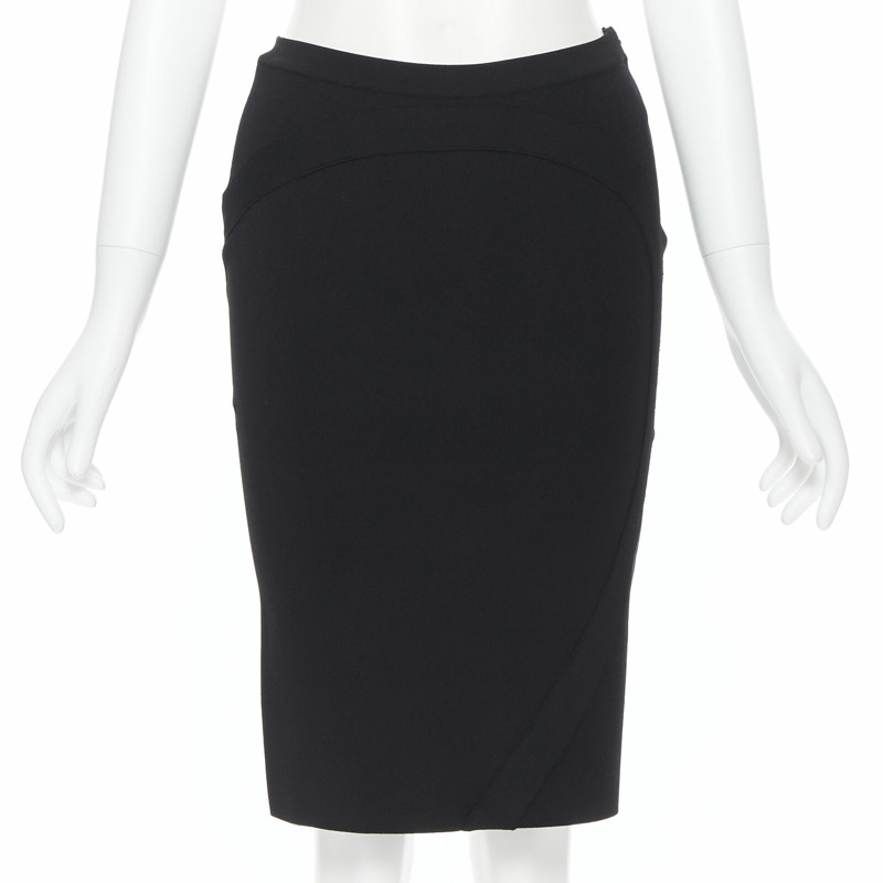 GIVENCHY black viscose knit curved circular trimming stretch pencil skirt S-0