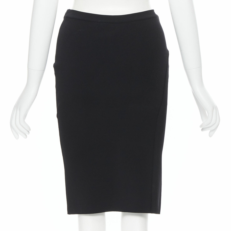 GIVENCHY black viscose knit curved circular trimming stretch pencil skirt S-5