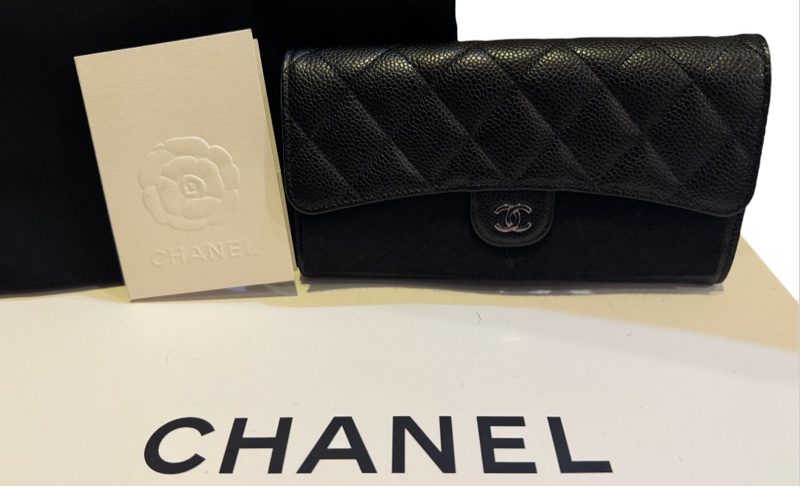 🧧過年優惠價 CHANEL 經典口袋長夾黑銀 粒紋小牛皮-0