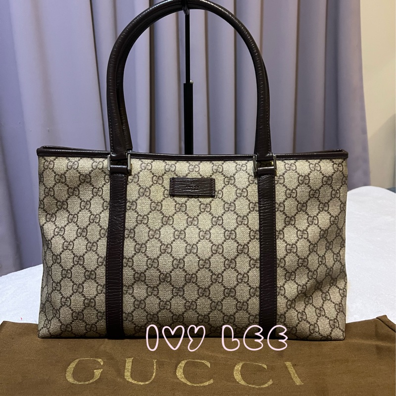 GUCCI 經典PVC防水扣式橫式購物包 托特包 大 咖邊 114595 二手精品-0