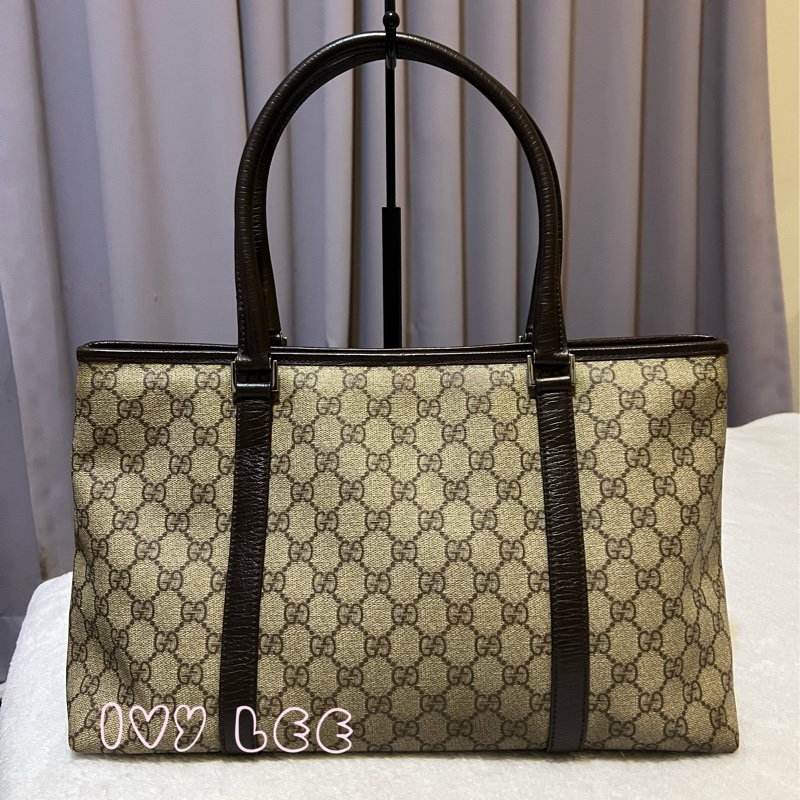GUCCI 經典PVC防水扣式橫式購物包 托特包 大 咖邊 114595 二手精品-1