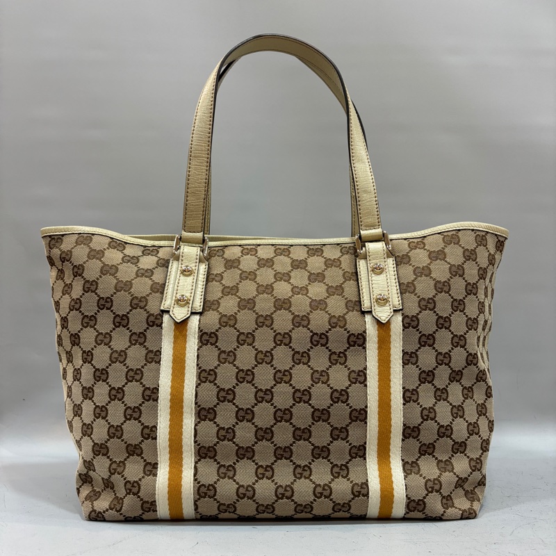 Gucci 139260緹花布白黃織帶Sherry Line托特包-3