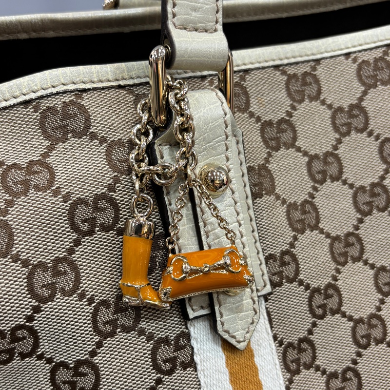 Gucci 139260緹花布白黃織帶Sherry Line托特包-10