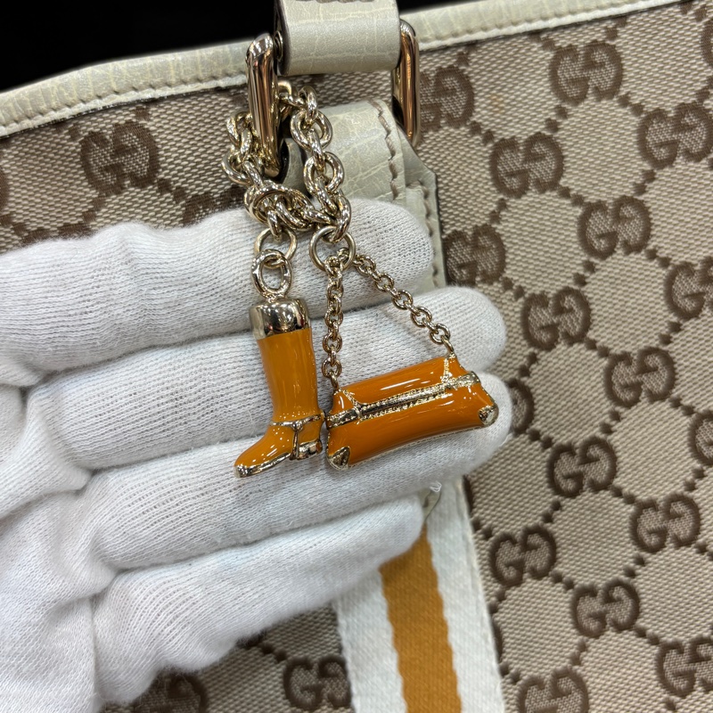 Gucci 139260緹花布白黃織帶Sherry Line托特包-11