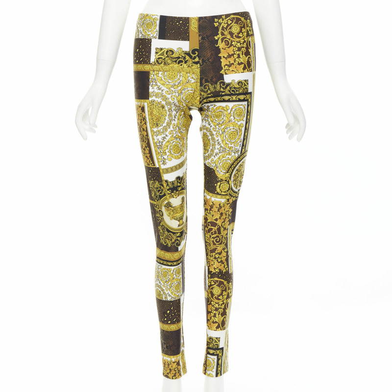 new VERSACE 2021 Mosaic Barocco brown gold print stretchy legging pant IT44 L-0