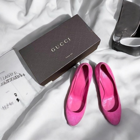 限時優惠 Gucci 芭比粉紅麂皮高跟鞋 粉紅芭比高跟鞋 37.5