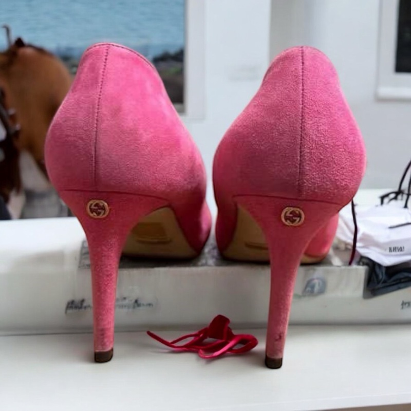 Gucci 芭比粉紅麂皮高跟鞋 粉紅芭比高跟鞋 37.5-2