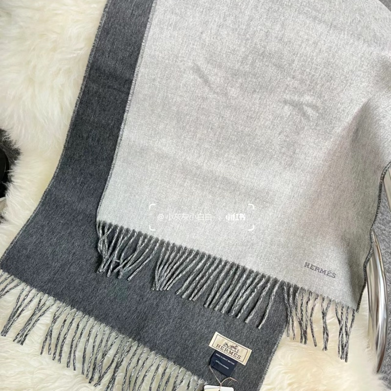 現貨商品 全新商品 專櫃購證 Hermes 經典雙面灰色圍巾 Double Face 圍巾 100% 羊絨披肩-5