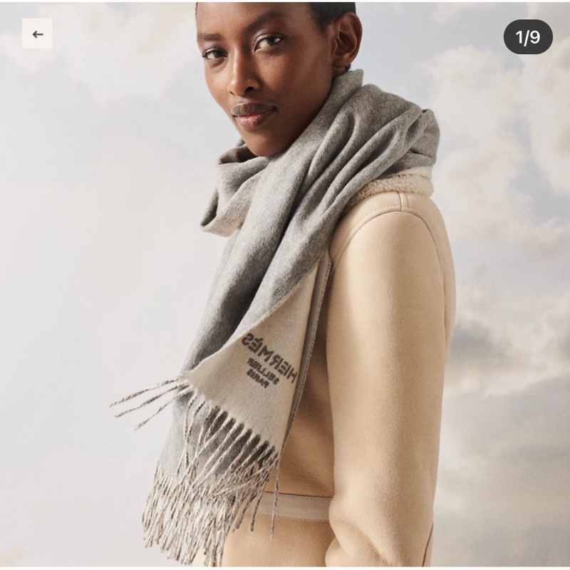 現貨商品 全新商品 專櫃購證 Hermes 經典雙面灰色圍巾 Double Face 圍巾 100% 羊絨披肩-7