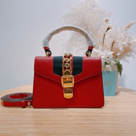 Gucci 古馳迷你塞爾維亞女包 紅色 牛皮手提/斜挎包Sylvie Mini Leather Top Handle Crossbody Bag-0