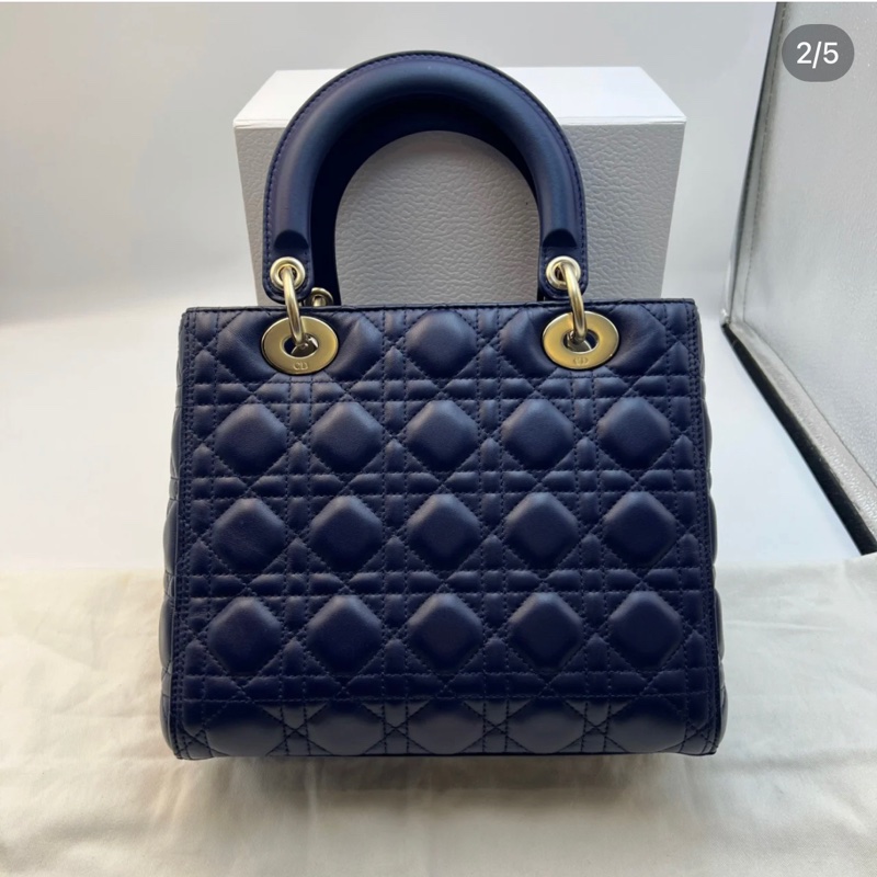 DIOR Lady Dior 中號 五格小羊皮兩用手提黛妃包 海軍藍/深藍-0