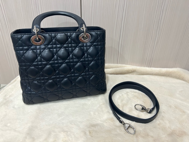 DIOR Lady Dior 中號 五格小羊皮兩用手提黛妃包 海軍藍/深藍-1