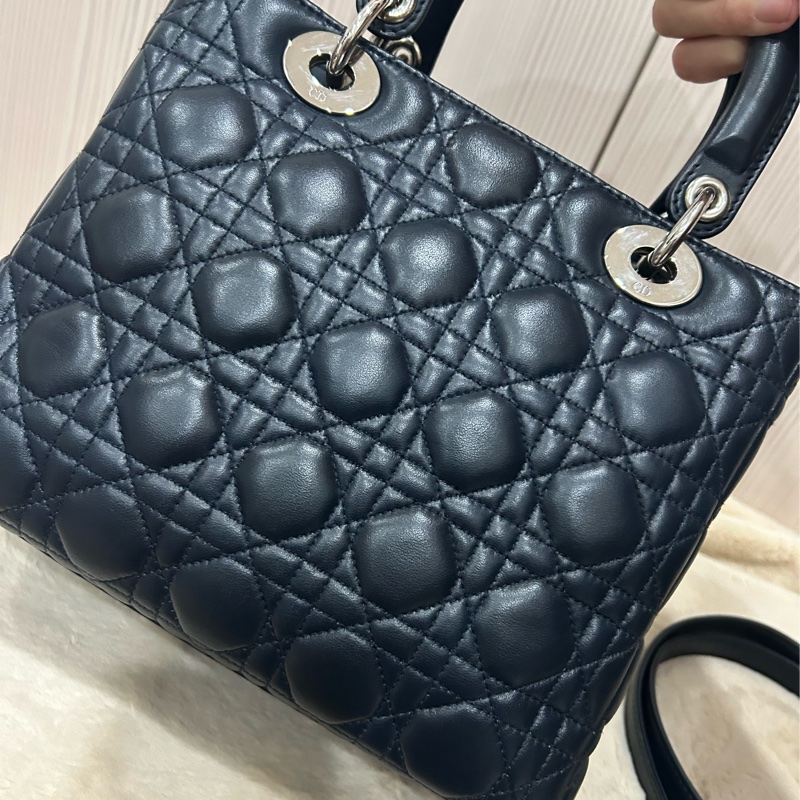 DIOR Lady Dior 中號 五格小羊皮兩用手提黛妃包 海軍藍/深藍-2