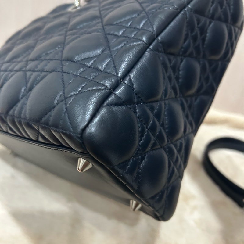 DIOR Lady Dior 中號 五格小羊皮兩用手提黛妃包 海軍藍/深藍-4