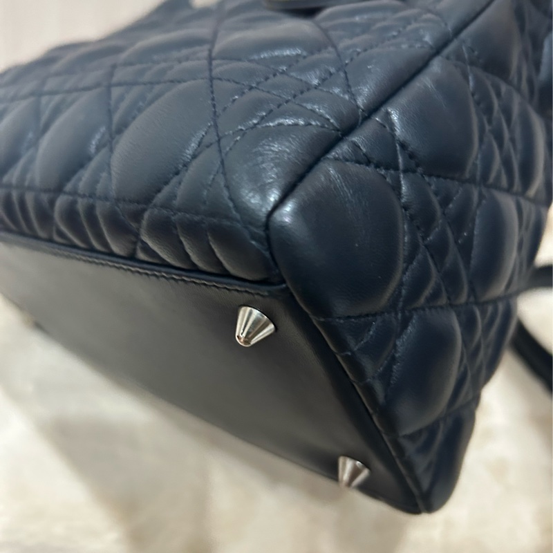 DIOR Lady Dior 中號 五格小羊皮兩用手提黛妃包 海軍藍/深藍-6