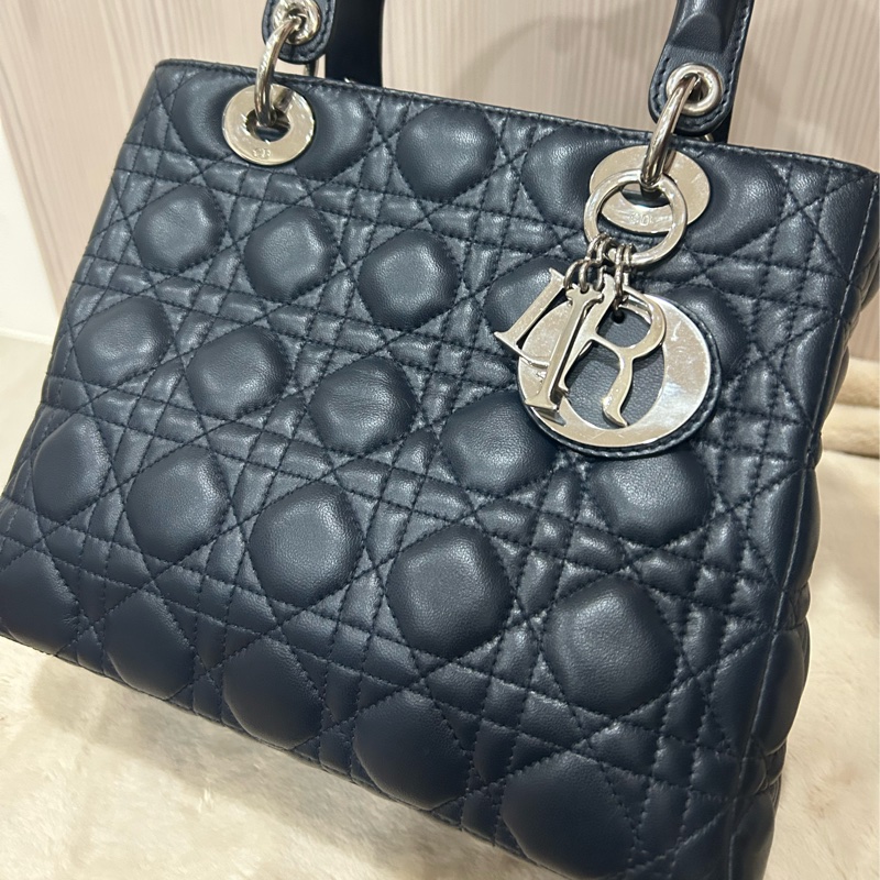 DIOR Lady Dior 中號 五格小羊皮兩用手提黛妃包 海軍藍/深藍-9