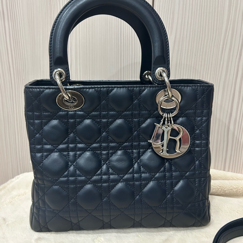 DIOR Lady Dior 中號 五格小羊皮兩用手提黛妃包 海軍藍/深藍-12
