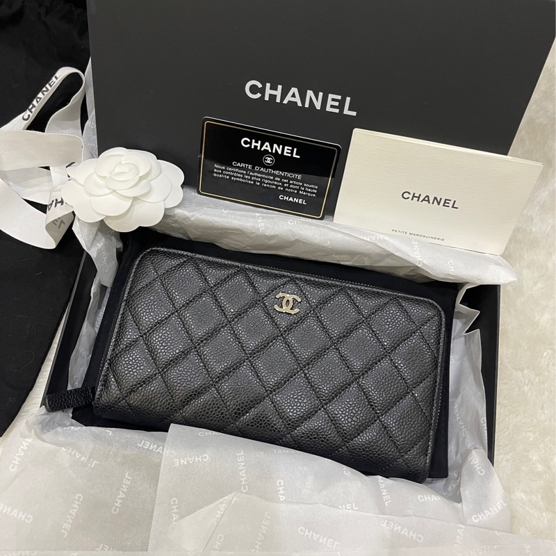 全新🎁香奈兒 荔枝牛皮 黑銀 拉鏈長夾 背面口袋CF長夾-0
