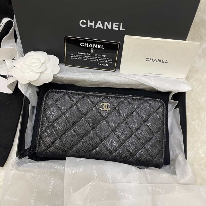 全新🎁香奈兒 荔枝牛皮 黑銀 拉鏈長夾 背面口袋CF長夾-2