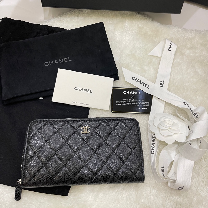 全新🎁香奈兒 荔枝牛皮 黑銀 拉鏈長夾 背面口袋CF長夾-3