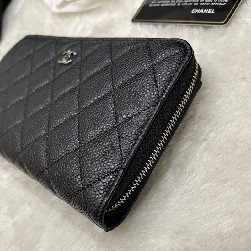 全新🎁香奈兒 荔枝牛皮 黑銀 拉鏈長夾 背面口袋CF長夾-7