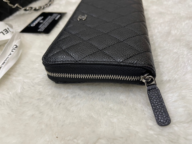 全新🎁香奈兒 荔枝牛皮 黑銀 拉鏈長夾 背面口袋CF長夾-9