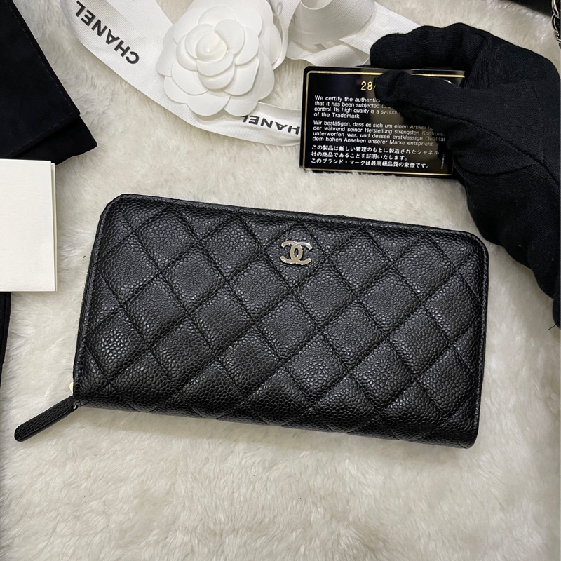 全新🎁香奈兒 荔枝牛皮 黑銀 拉鏈長夾 背面口袋CF長夾-12