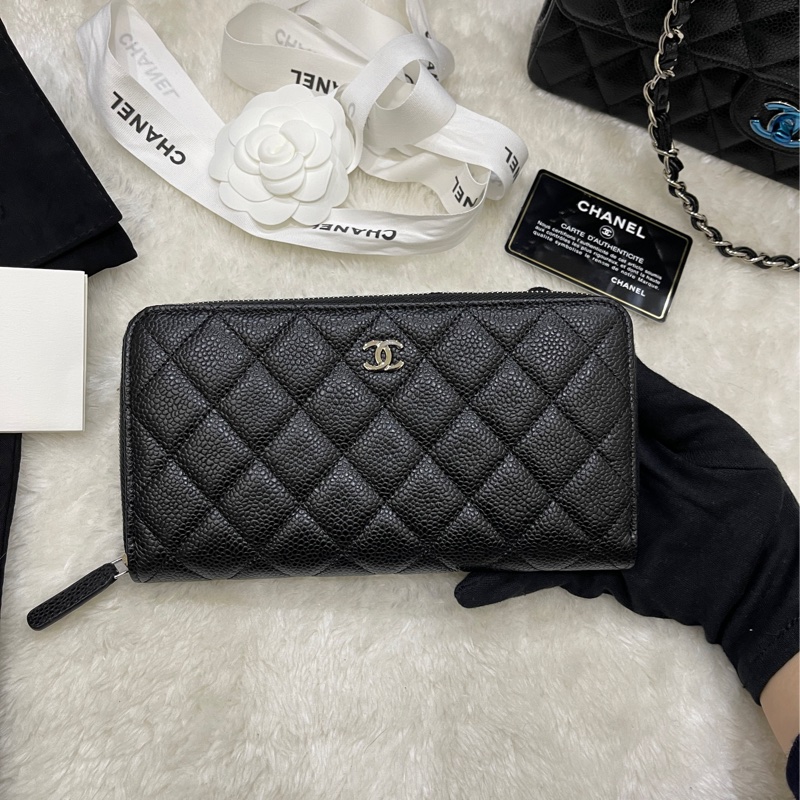 全新🎁香奈兒 荔枝牛皮 黑銀 拉鏈長夾 背面口袋CF長夾-13