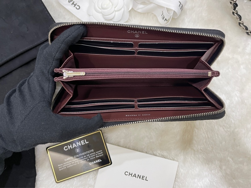 全新🎁香奈兒 荔枝牛皮 黑銀 拉鏈長夾 背面口袋CF長夾-18