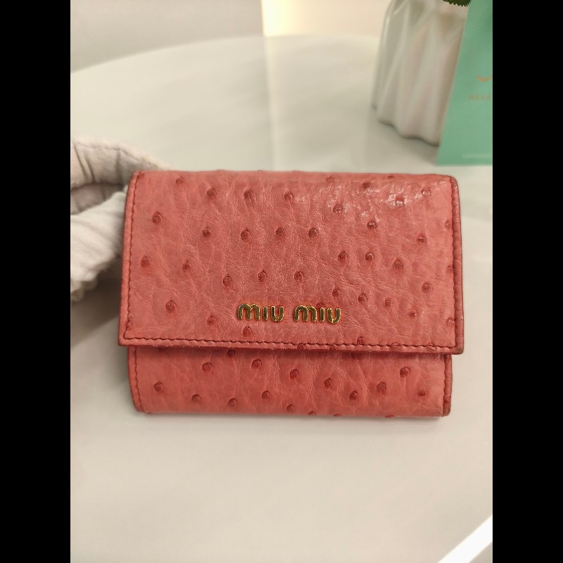 TK0818 Miu Miu 繆繆鴕鳥皮短錢包粉bu紅色 Pink Short Wallet Ostrich Skin-10