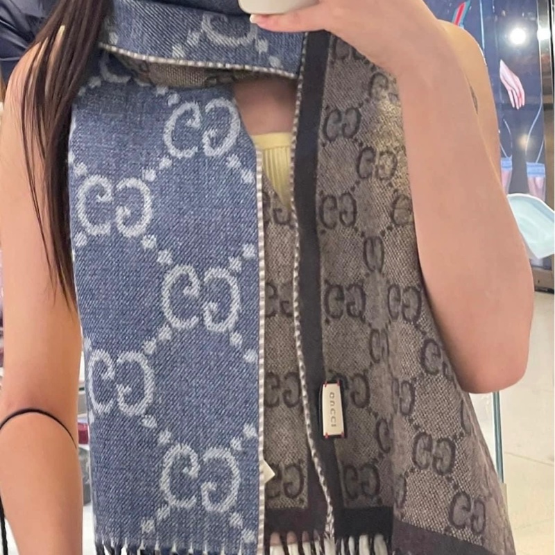 GUCCI新款單寧雙面藍色+咖LOGO 流蘇羊毛圍巾-0