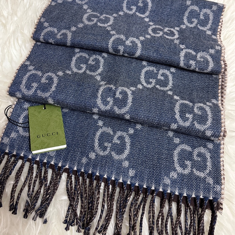 GUCCI新款單寧雙面藍色+咖LOGO 流蘇羊毛圍巾-1