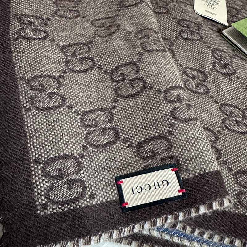 GUCCI新款單寧雙面藍色+咖LOGO 流蘇羊毛圍巾-7