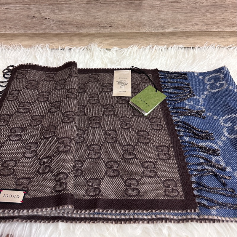 GUCCI新款單寧雙面藍色+咖LOGO 流蘇羊毛圍巾-8