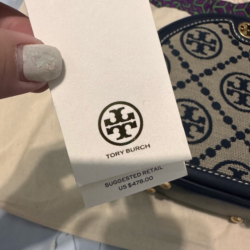 Tory Burch T monogram 專櫃款 藍老花 圓餅包 大顆 大手機中夾可入 熱門包款-16