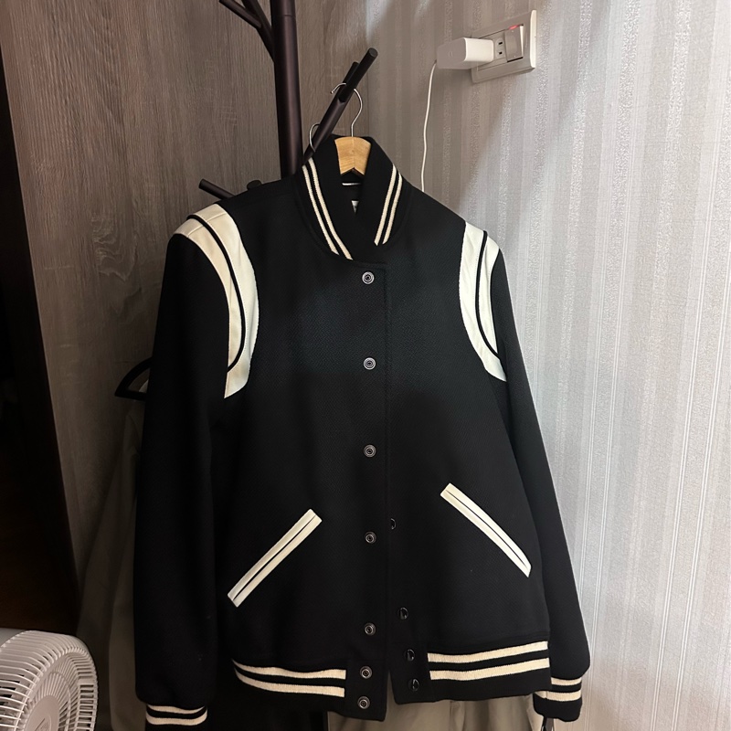 ysl  Saint Laurent Teddy 經典黑白羊毛棒球外套-0